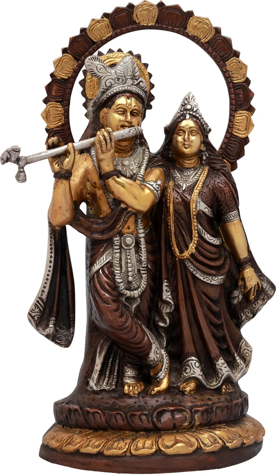 Brown Silver Gold Brass Radha-Krishna Idol with Lotus-studded Aureole 13 Inches Craft Detail