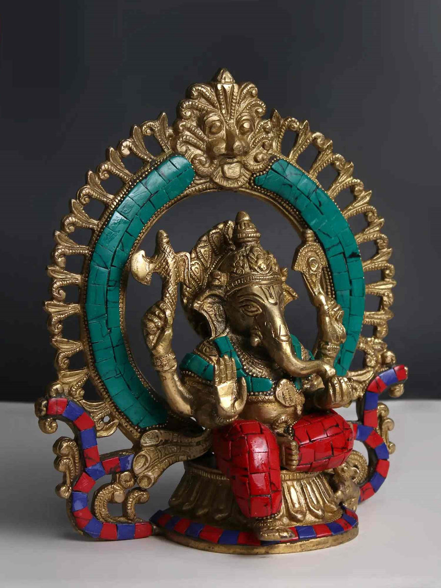 Brass with Inlay Lord Ganesha with Prabhavali and Kirtimukha 9 Inches Craft Detail