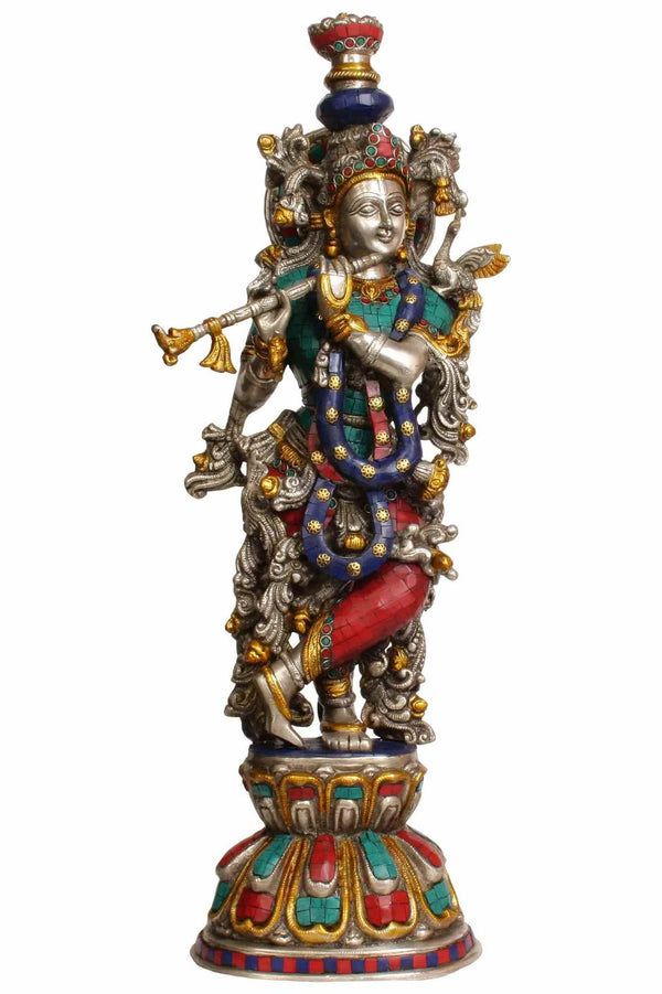 Brass Statue of Lord Krishna Playing the Flute 24 Inches Mandir Setting