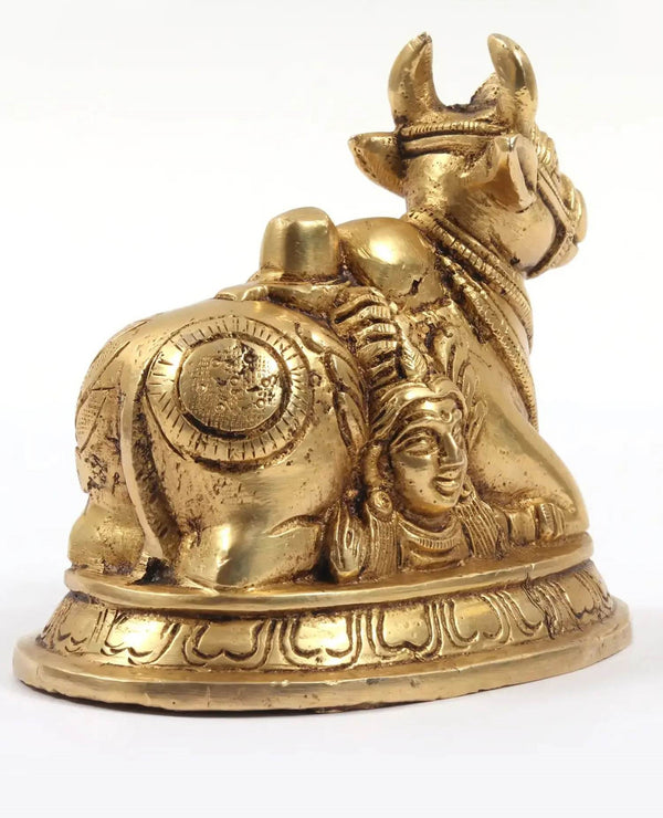 Brass Small Carved Shiva and Parvati on Nandi Statue 4 Inches Study Setting