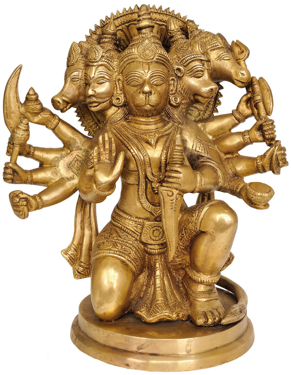Brass Sculpture of Five-Headed Lord Hanuman 8 Inches Mandir Setting