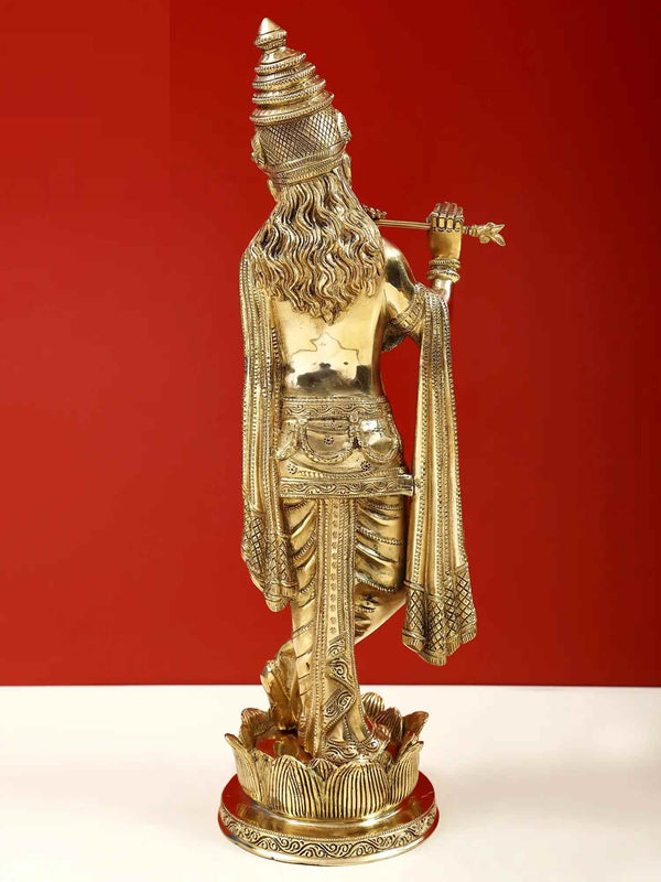Brass statue of Lord Krishna playing flute on a lotus pedestal 17 inches Study Setting