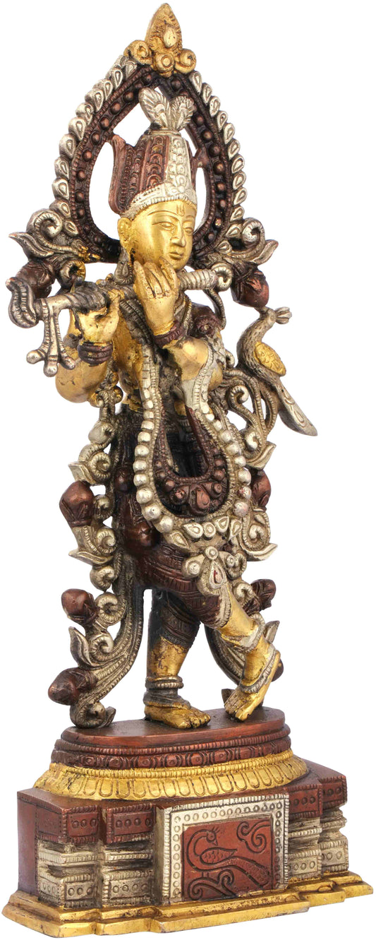 Handmade Brown Silver Brass Statue of Peetambara Lord Krishna 13 inches