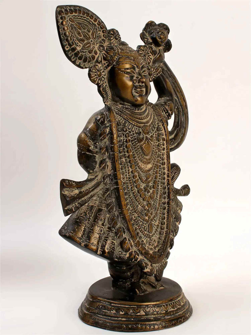 Antique Brass Statue of Shri Krishna as Shrinathji (Height: 13 Inches)