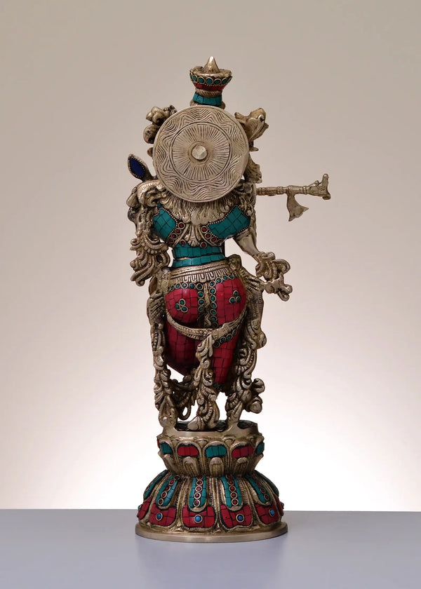 Handmade Brass Fluting Krishna 18 inches Study Setting