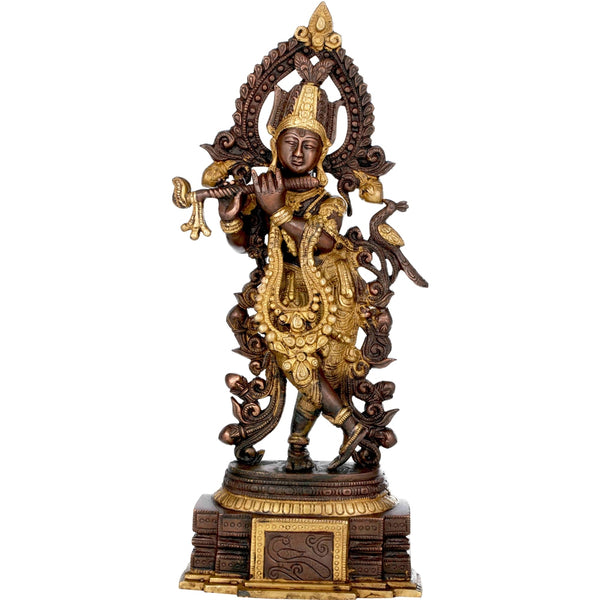 Handmade Brown gold Brass Statue of Peetambara Lord Krishna 13 inches Mandir Setting