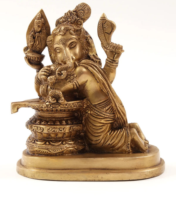 Brass Lord Ganesha Idol Adoring the Shivalinga 6 Inches Mandir Setting
