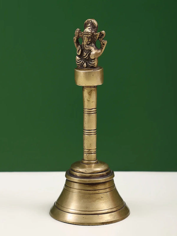 Handheld Brass Bell with Ganesha Design 7 inches Entryway Setting