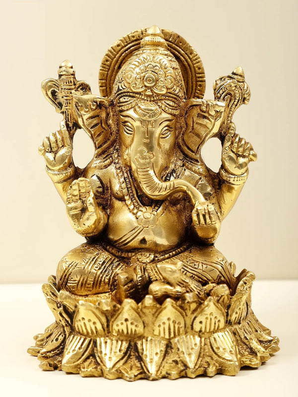 Brass Small Lord Ganesha Seated on Lotus 11.5 cm Mandir Setting