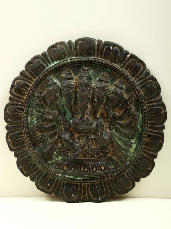 Brass Antique black Wall Hanging Plate Featuring Five-Headed Ganesha 11 inches Mandir Setting