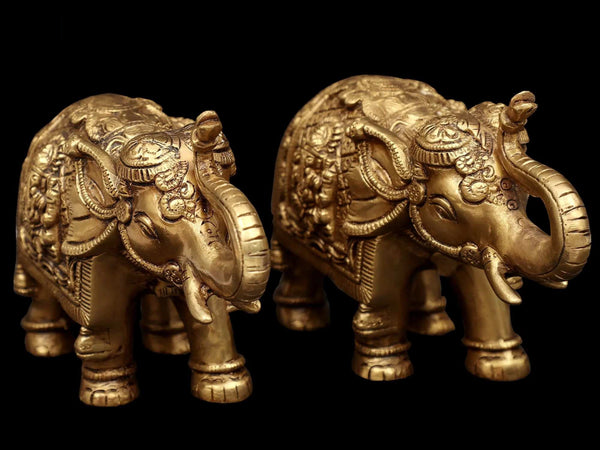 Brass Auspicious Gaja Elephant Pair with Lakshmi and Ganesha Figures 8 inches Entryway Setting