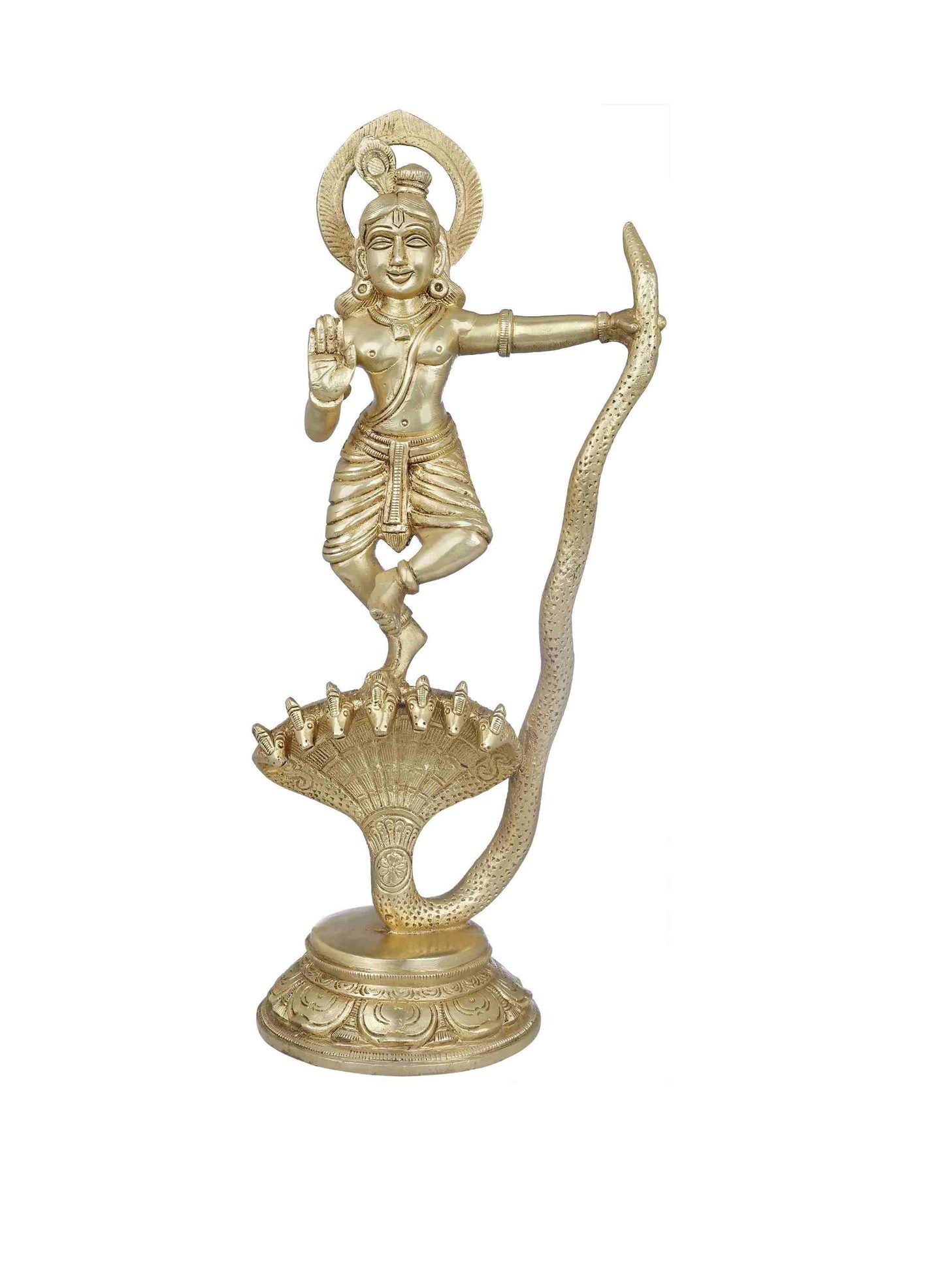 Natural Brass Statue Depicting Kaliya Vijaya Lila of Shri Krishna 13 inches
