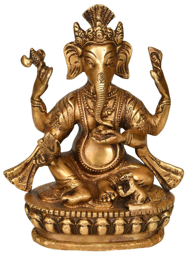 Brass idol of Lord Ganesha in Nepalese artistic style 6 inches Mandir Setting