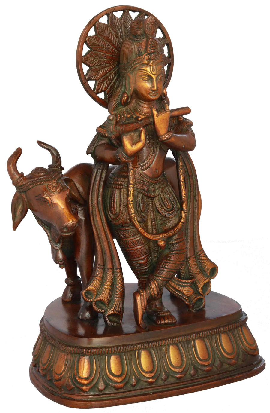 Handcrafted Double chala Brass Statue of Krishna with Cow 10 inches Craft Detail