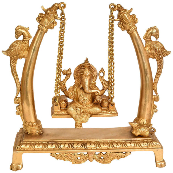Brass Lord Ganesha Statue on a Swing 10 Inches Mandir Setting