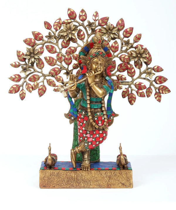Brass Statue of Krishna Playing the Flute with a Tree 16 Inches Mandir Setting