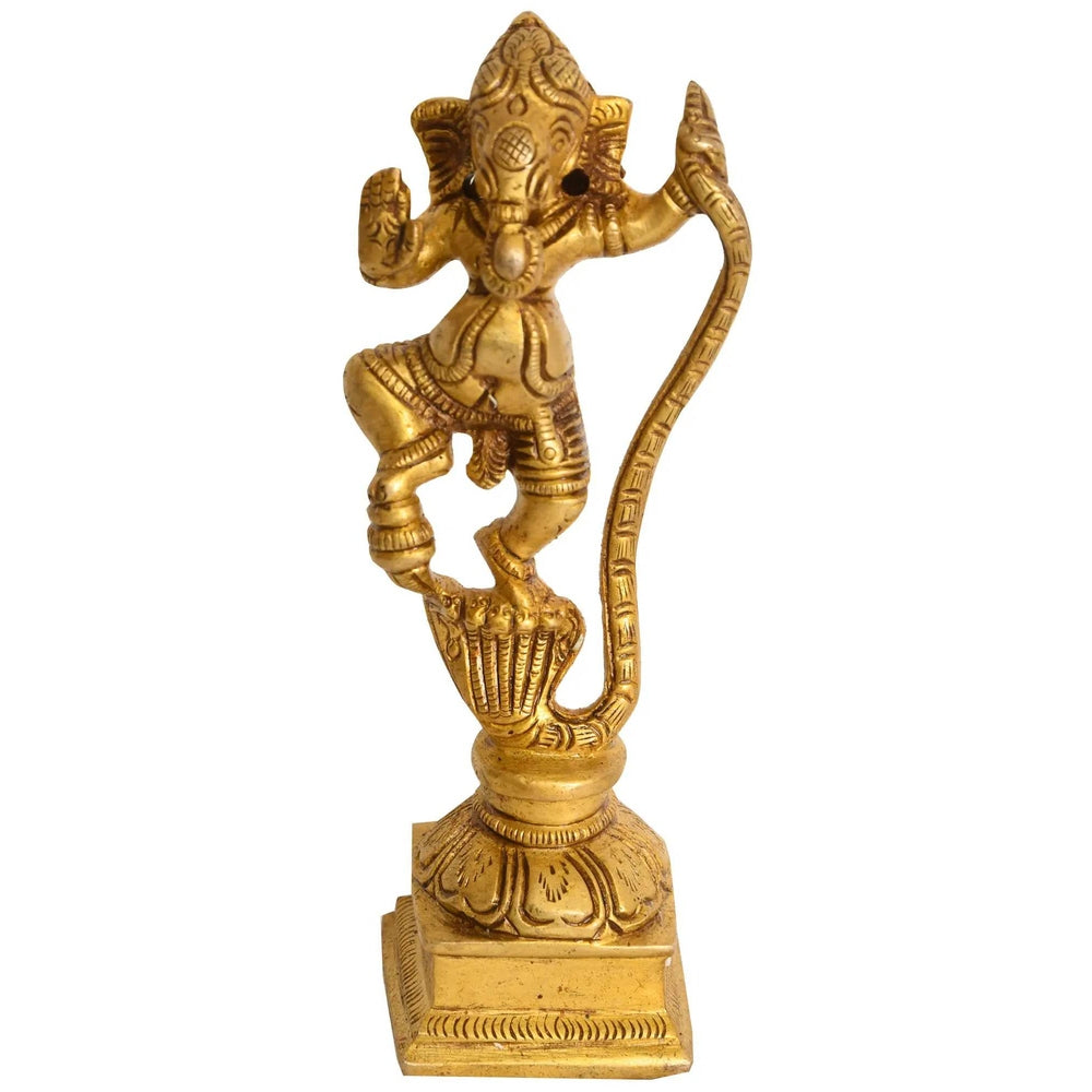 Brass Statue of Lord Ganesha Dancing on Kaliya 5 inches