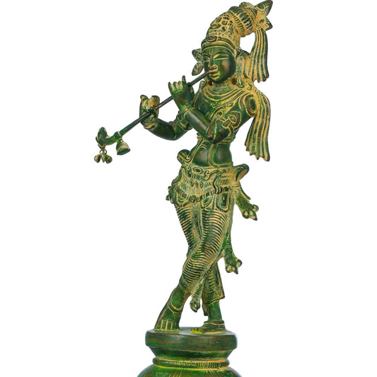 Green chala Brass Statue of Standing Lord Krishna Playing the Flute 14 inches