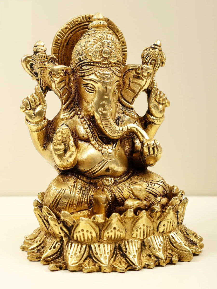 Brass Small Lord Ganesha Seated on Lotus 11.5 cm Craft Detail