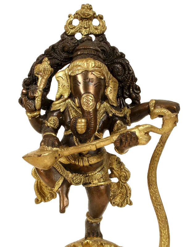 Brass sculpture of Lord Ganesha dancing on a five-hooded serpent with a veena 10 inches Mandir Setting