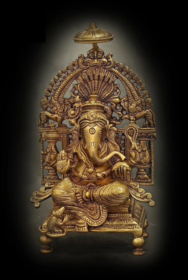 Brass Lord Ganesha Seated on a Majestic Throne, Radiating Auspiciousness 5 Inches Mandir Setting