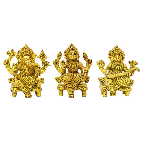 Brass Ganesha Lakshmi and Saraswati Idols (Height: 3 inches) Mandir Setting
