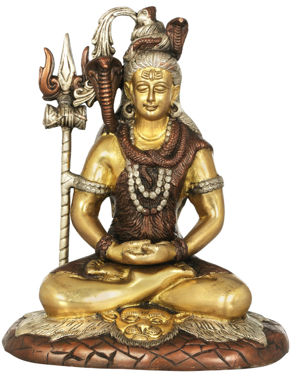 Mahayogi Shiva Brown silver gold Brass Idol Seated on Tigerskin | Handmade Statue 10 Inches Mandir Setting