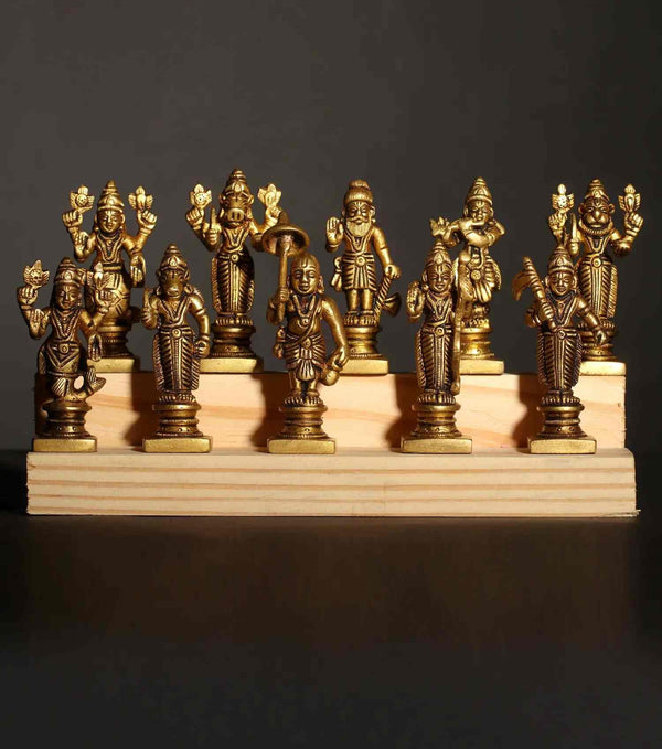 Set of Ten Small Brass Dashavatara Idols of Lord Vishnu 3 inches Entryway Setting