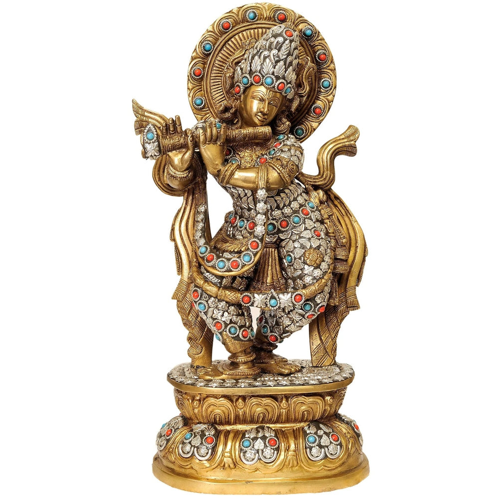 Handmade Brass Statue of Lord Krishna in Ornamented Costume 17 Inches