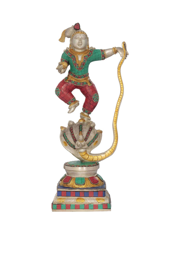 Handmade Brass Statue of Shri Krishna's Kaliya Vijaya Lila 18 Inches Mandir Setting