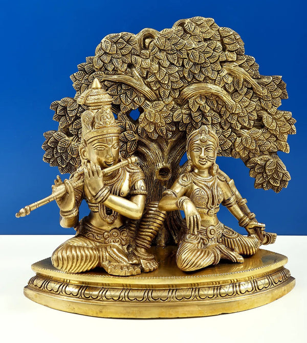 Handmade Brass Statue of Krishna Playing Flute for Radha 12 inches Mandir Setting