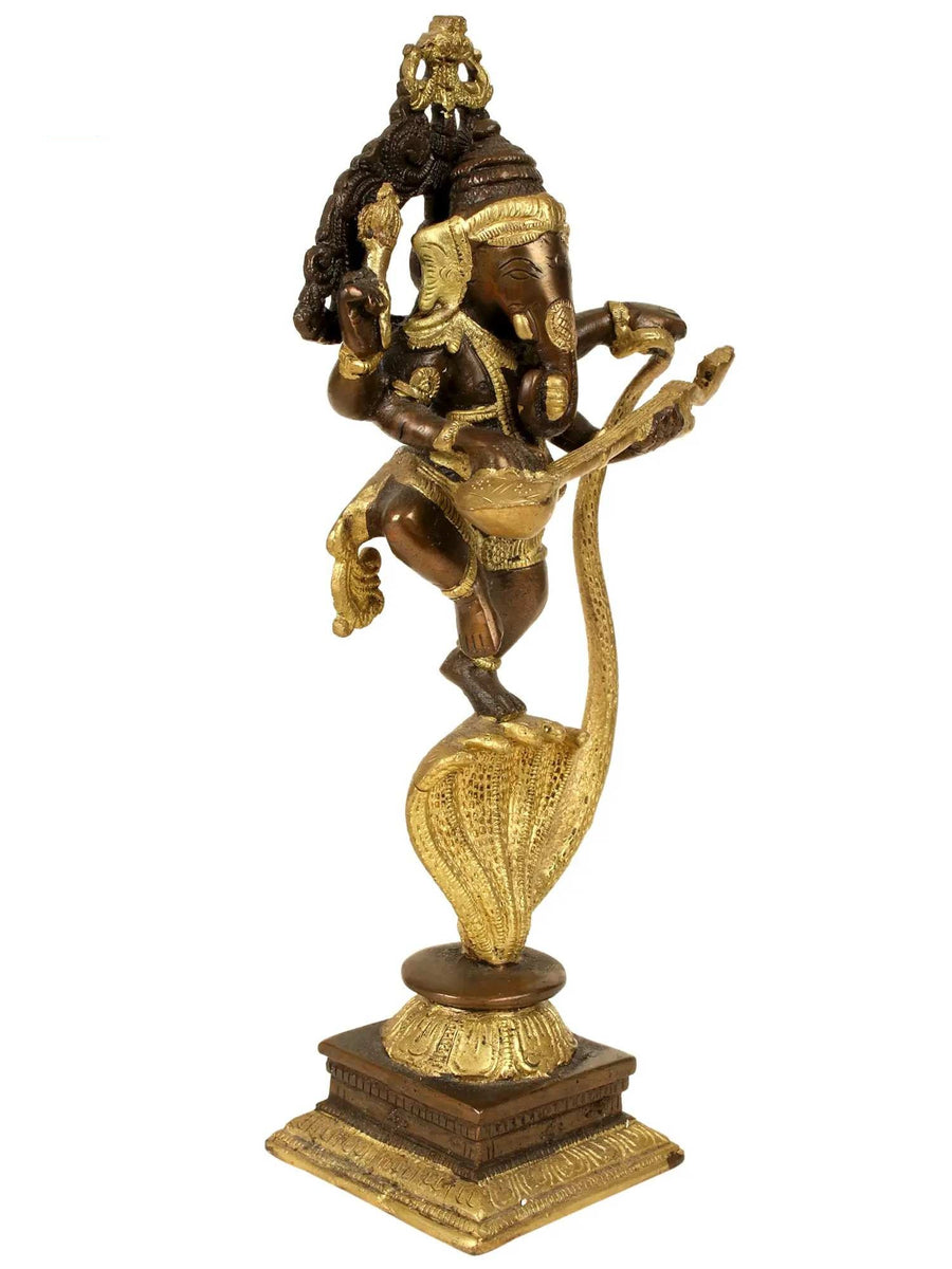 Brass sculpture of Lord Ganesha dancing on a five-hooded serpent with a veena 10 inches Craft Detail