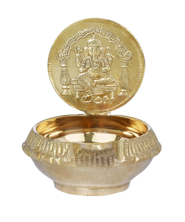 Brass Small Puja Diya (Lamp) with Throne Ganesha 2 inches Mandir Setting