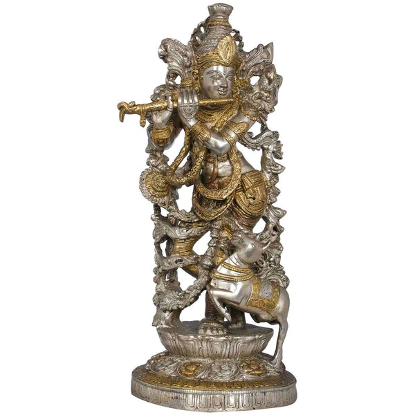 Silver gold Brass Statue of Lord Krishna with His Cow 17 Inches Mandir Setting