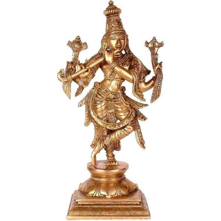 Natural Handmade Brass Statue of Lord Krishna | God Idol for Temple 12 inches