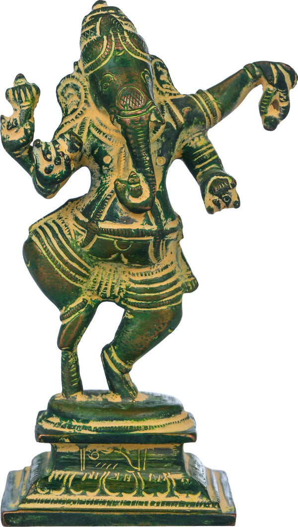 Handmade Brass Sculpture of Dancing Ganesha (Small) 4 inches Study Setting