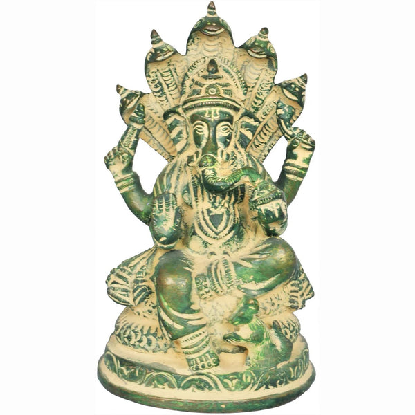 Small brass mudgreen sculpture of Ganesha seated on the Shesha Naga 5 inches Mandir Setting