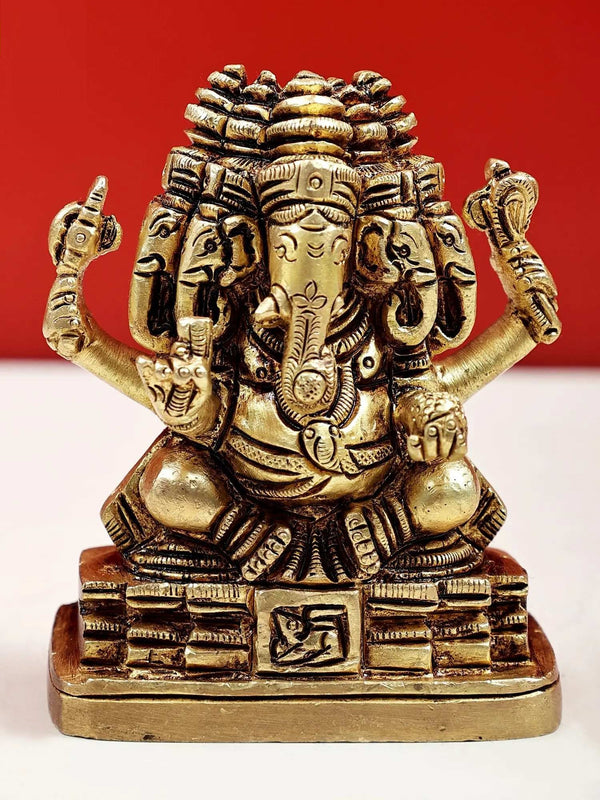 Small Brass Statue of Panchamukhi Ganesha 3 inches Mandir Setting