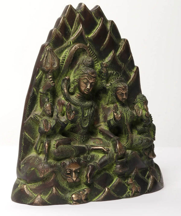 Brass Shiva Family on Kailash Parvat statue 7 inches Entryway Setting