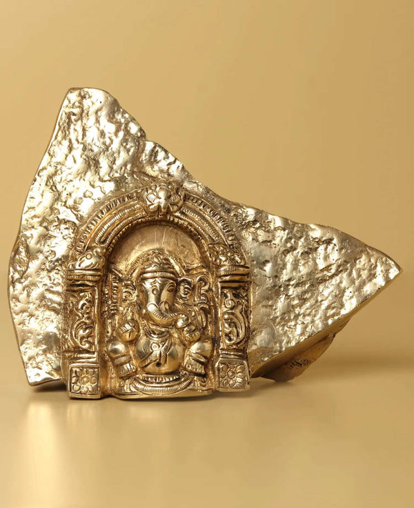 Natural Brass Temple of Lord Ganesha Carved from Rock 4 inches Mandir Setting