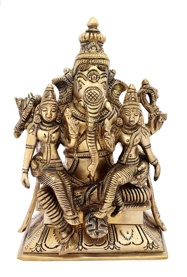 Brass Sculpture of Lord Ganesha with Riddhi and Siddhi 7 inches Mandir Setting