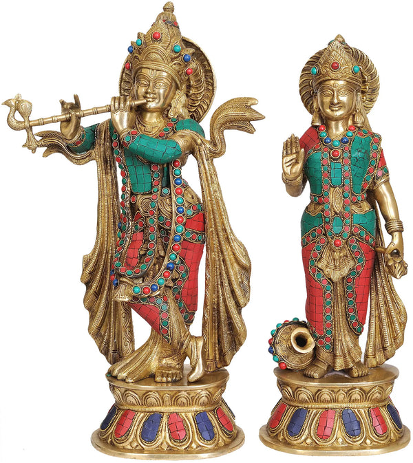 Handmade Brass Statue of Krishna and Radha with Inlay Work 20 Inches Mandir Setting