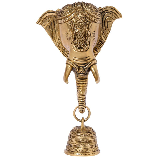 Brass Ornately Engraved Lord Ganesha Wall-Hanging Temple Bell 8 inches Mandir Setting