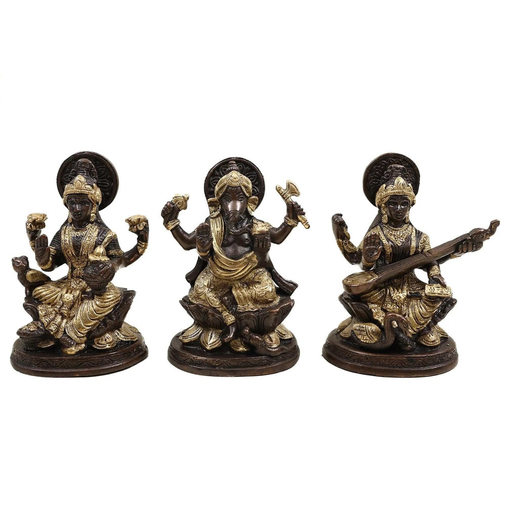 Brass Lakshmi Ganesha Saraswati brown and golden (Height: 5 inches)