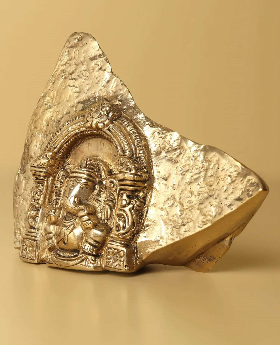 Natural Brass Temple of Lord Ganesha Carved from Rock 4 inches Craft Detail