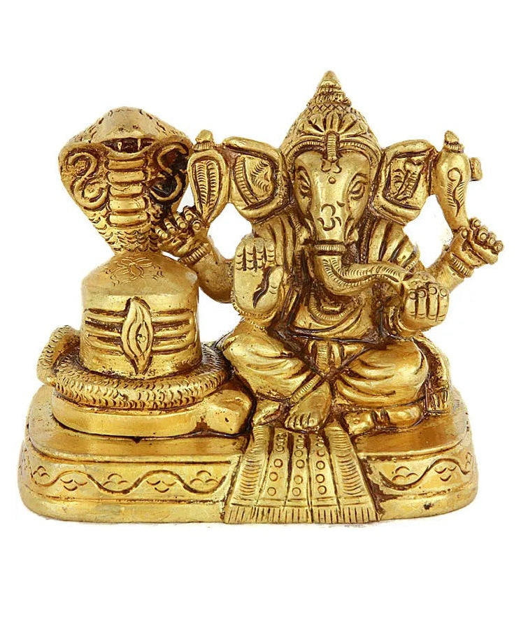 Small Brass Sculpture of Lord Ganesha with Shiva Linga 3 inches