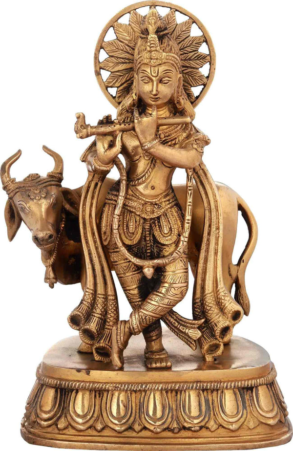 Handcrafted Natural Brass Statue of Krishna with Cow 10 inches Mandir Setting