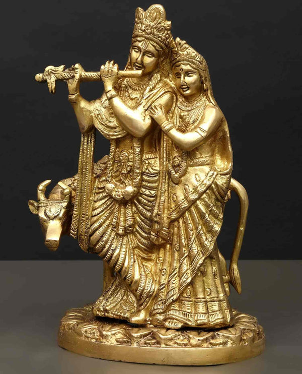 Handmade Brass Statue of Radha Krishna with Cow 9 inches Mandir Setting