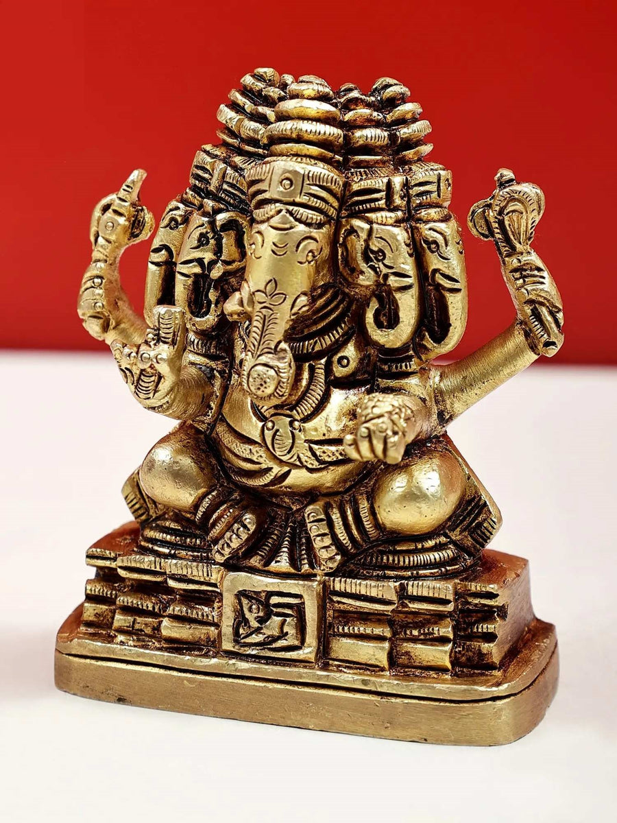 Small Brass Statue of Panchamukhi Ganesha 3 inches Craft Detail