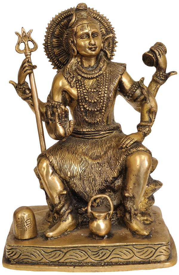 Handmade Brass Statue of Four-Armed Lord Shiva with Shiva Linga and Kamandalu 8 Inches Mandir Setting